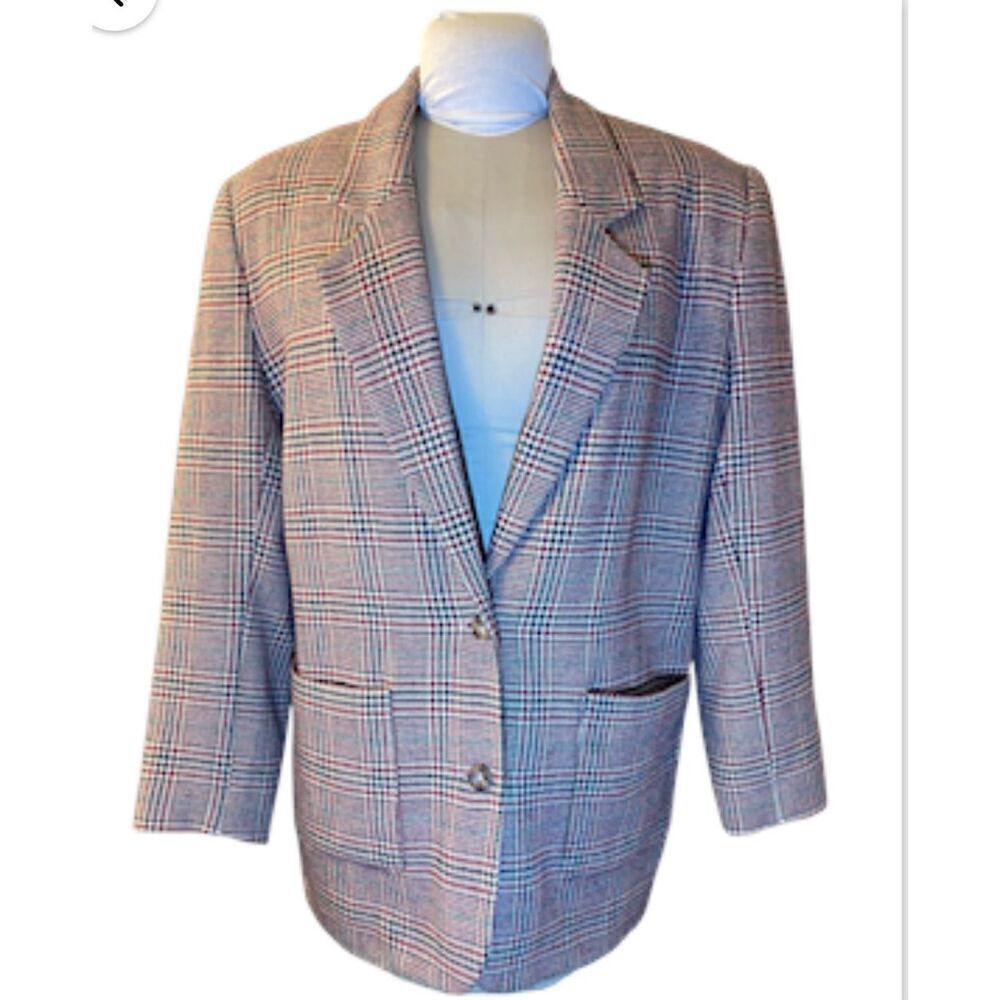 Talbots Vintage 2-Button Long Blazer Plaid Size L 100% Wool
